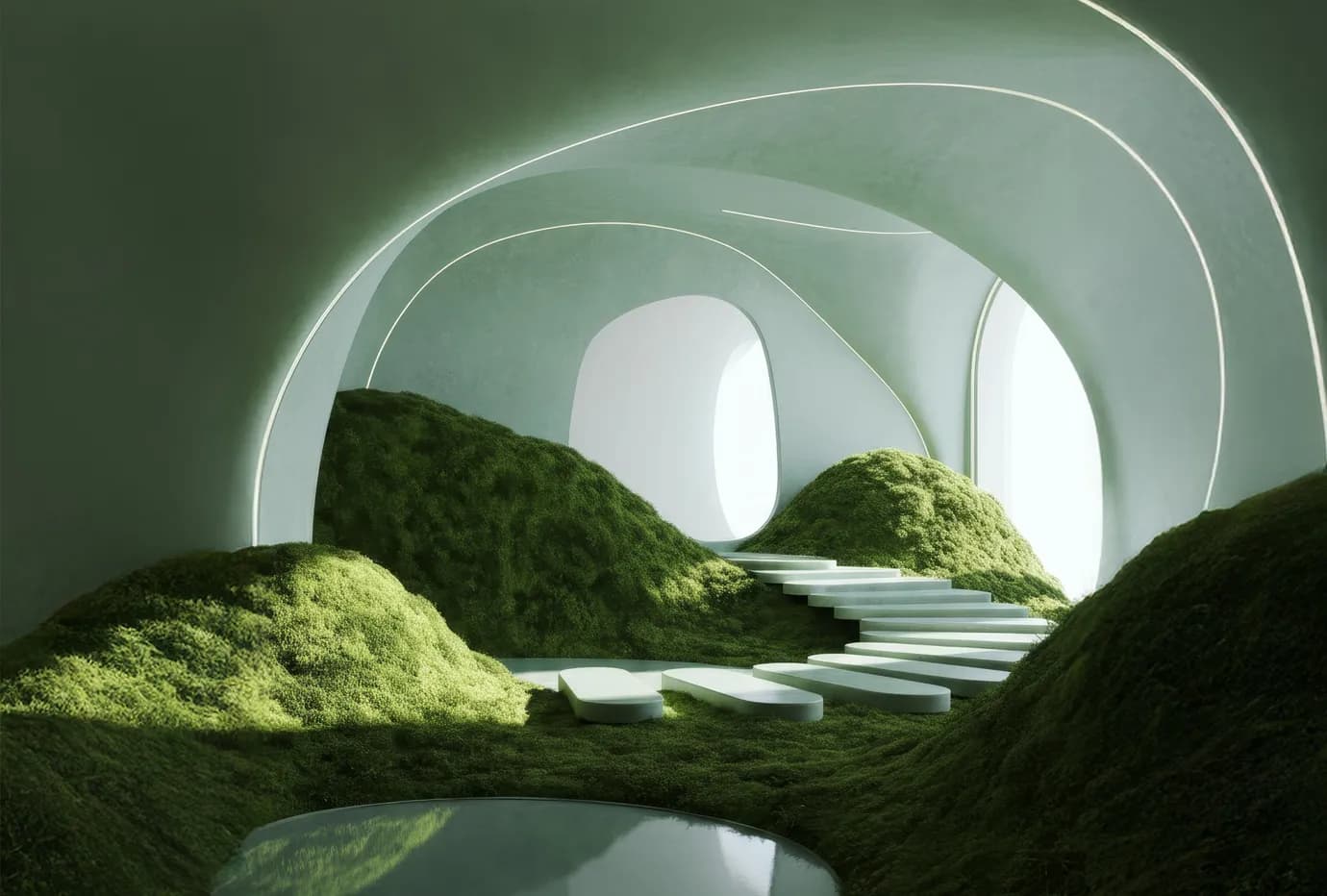 Architekturvisualisierung: heller Bogengang mit moosbewachsenen Flächen.