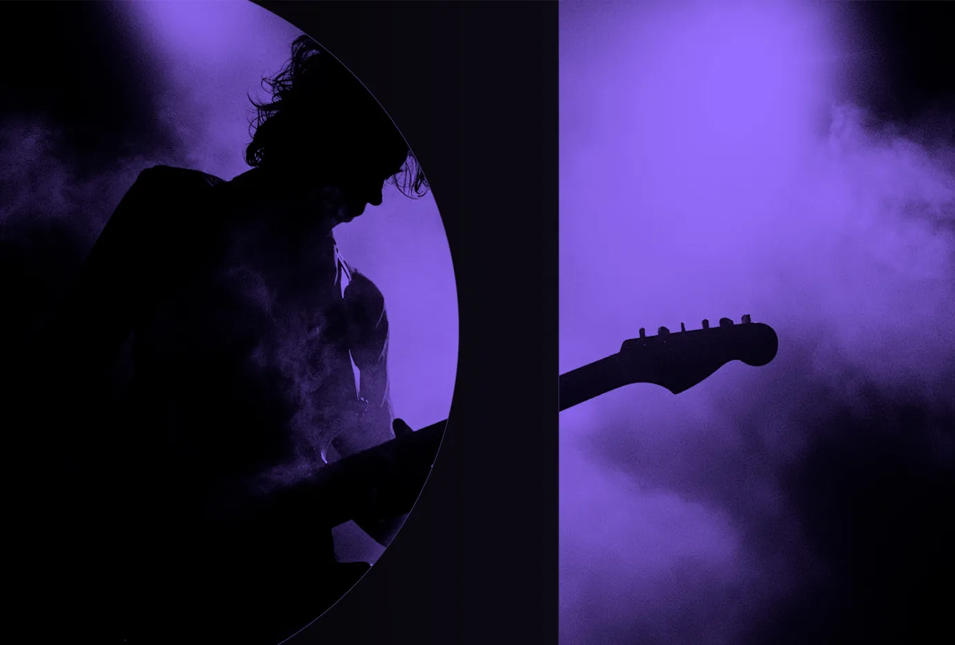 Silhouette eines Gitarristen im violetten Bühnenlicht mit Nebel.