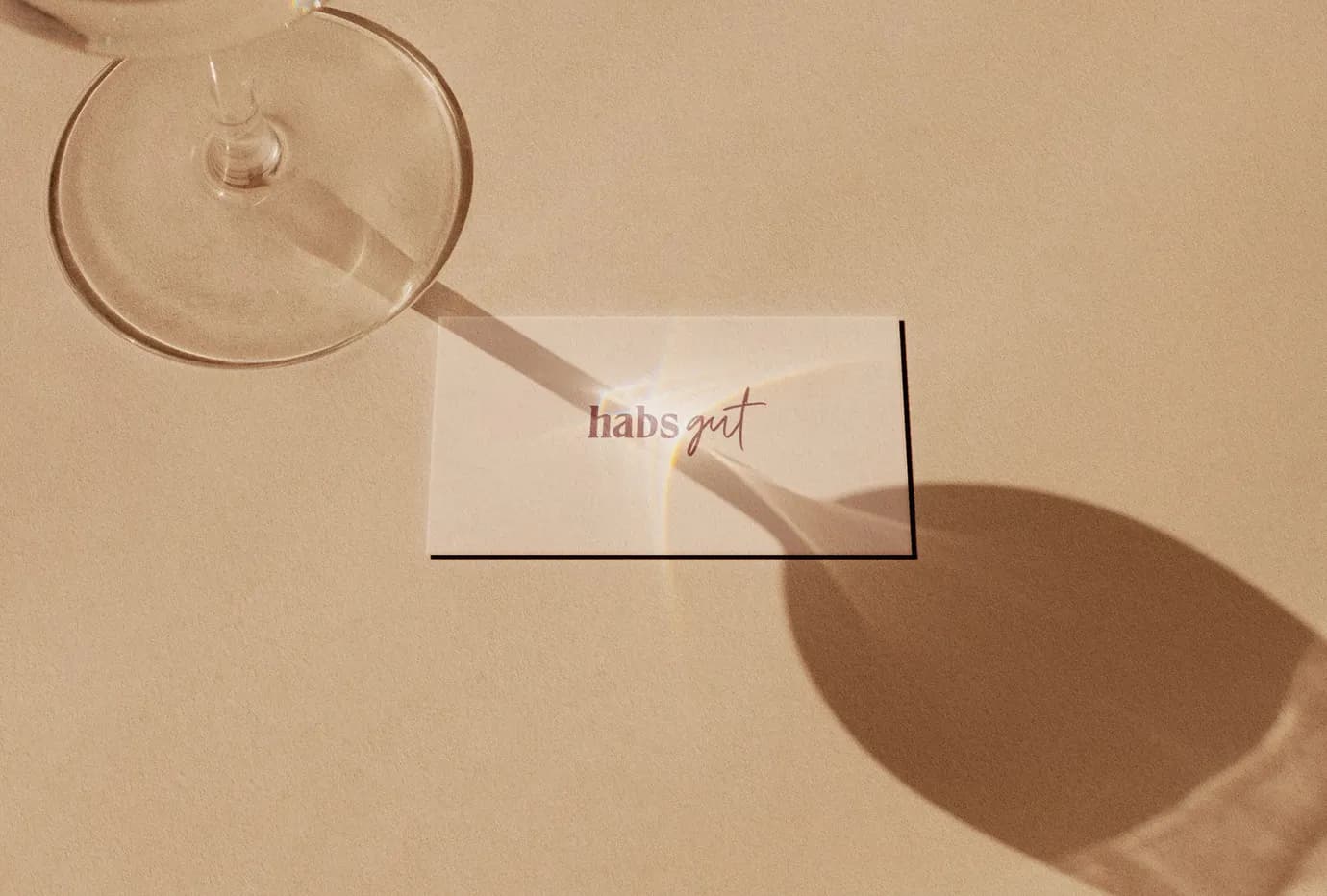 Visitenkarte mit dem habs*gut-Schriftzug neben einem Glas, warmes Licht wirft lange Schatten.