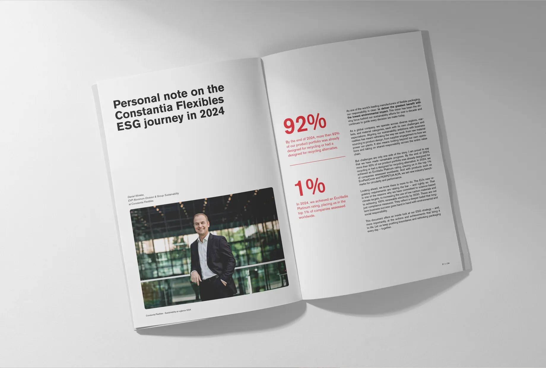 Aufgeschlagene Doppelseite: links das Vorwort „Personal note on the Constantia Flexibles ESG journey in 2024“ mit dem Porträt von Daniel Winkler, rechts die Kennzahlen 92 % und 1 % in Rot neben einer Textspalte.
