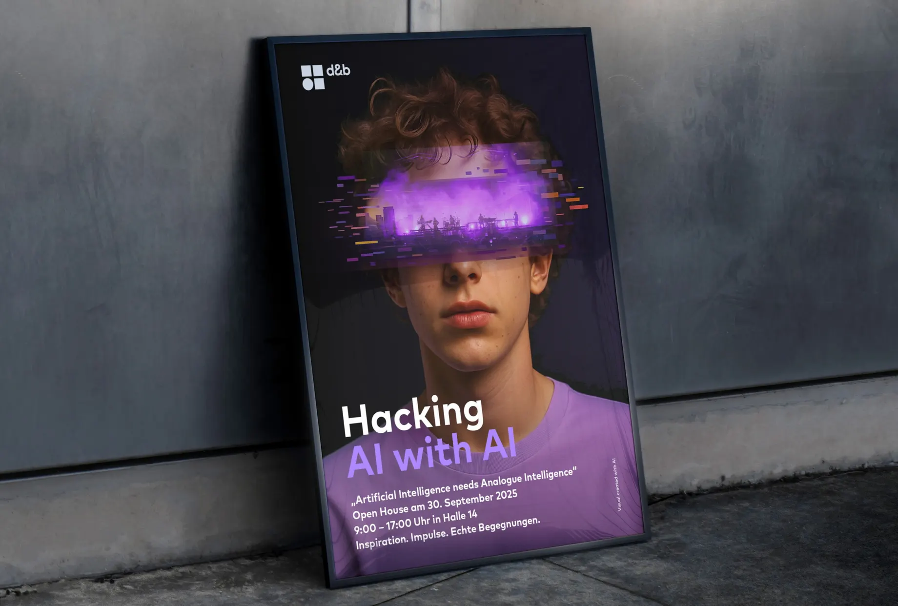 Gerahmtes Plakat an einer Betonwand: Porträt einer Person, deren Augenpartie von einer glitchartigen Bühnenaufnahme in Violett überlagert ist. Text: „Hacking AI with AI“, Open House am 30. September 2025.