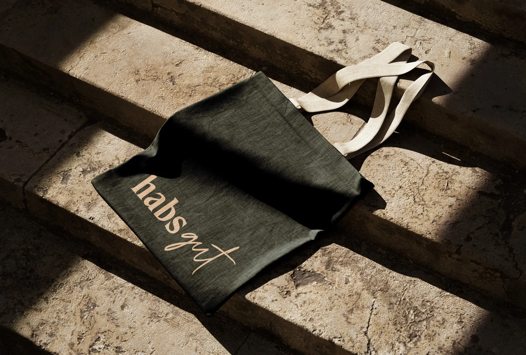 Dunkelgrüne Stofftasche mit dem habs*gut-Schriftzug in Rosé und hellen Henkeln, liegend auf einer sonnenbeschienenen Steintreppe.
