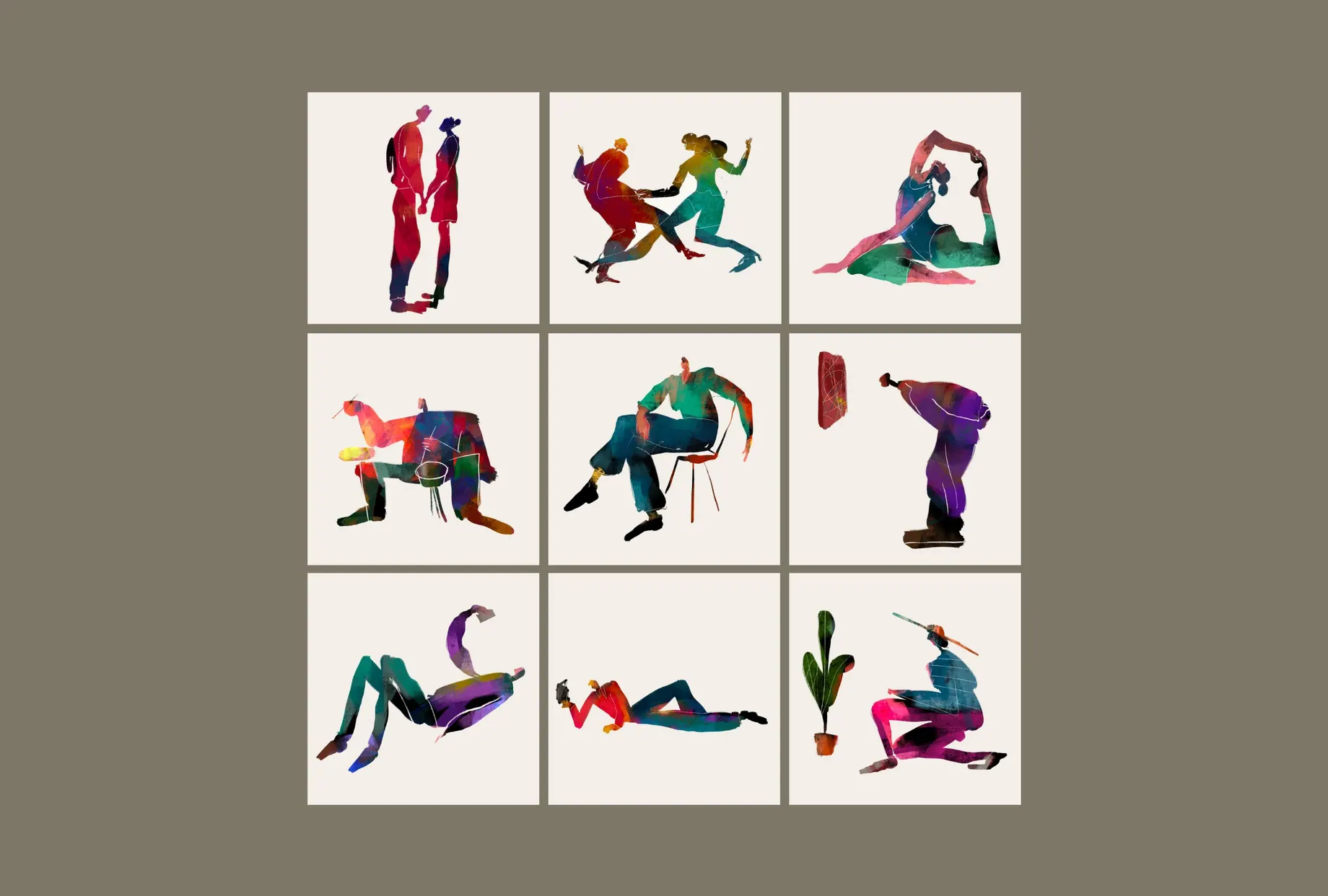 Neun Illustrationen im Raster: stilisierte Figuren in kräftigen Farben und kantigen Formen.
