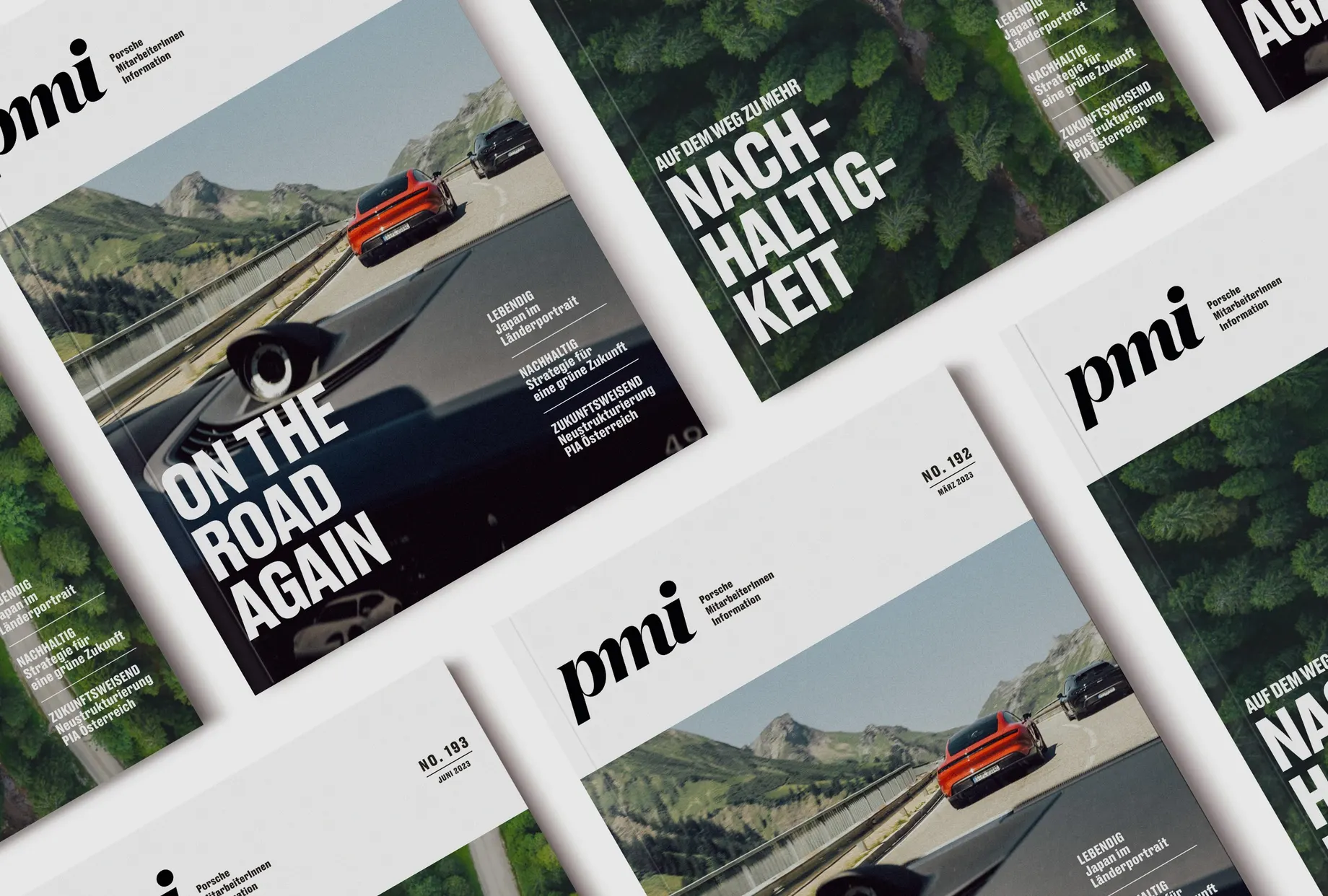 Mehrere Titelseiten des neu gestalteten Porsche Mitarbeiter-Magazins mit hochwertiger Optik und frischer Typografie.