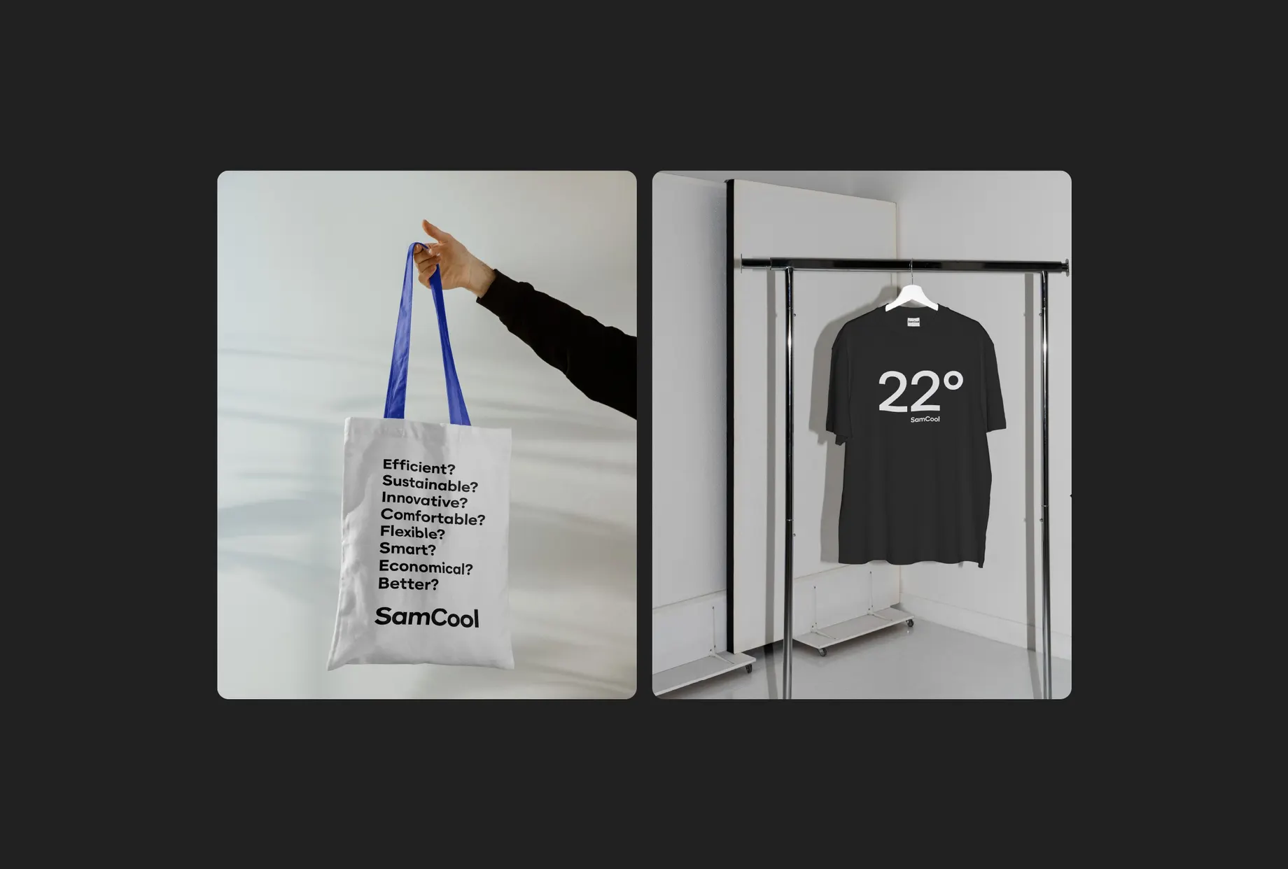 Zwei Aufnahmen nebeneinander: links eine helle Stofftasche mit blauen Henkeln und der Frageliste „Efficient? Sustainable? Innovative? …“, rechts ein schwarzes T-Shirt mit dem Aufdruck „22°“ auf einer Kleiderstange.