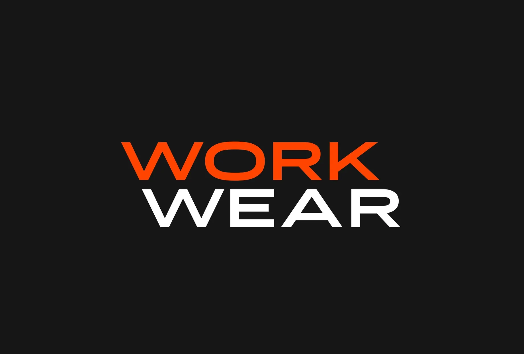 Der Schriftzug „Work Wear“ auf schwarzem Grund — „Work“ in Orange, „Wear“ in Weiss.