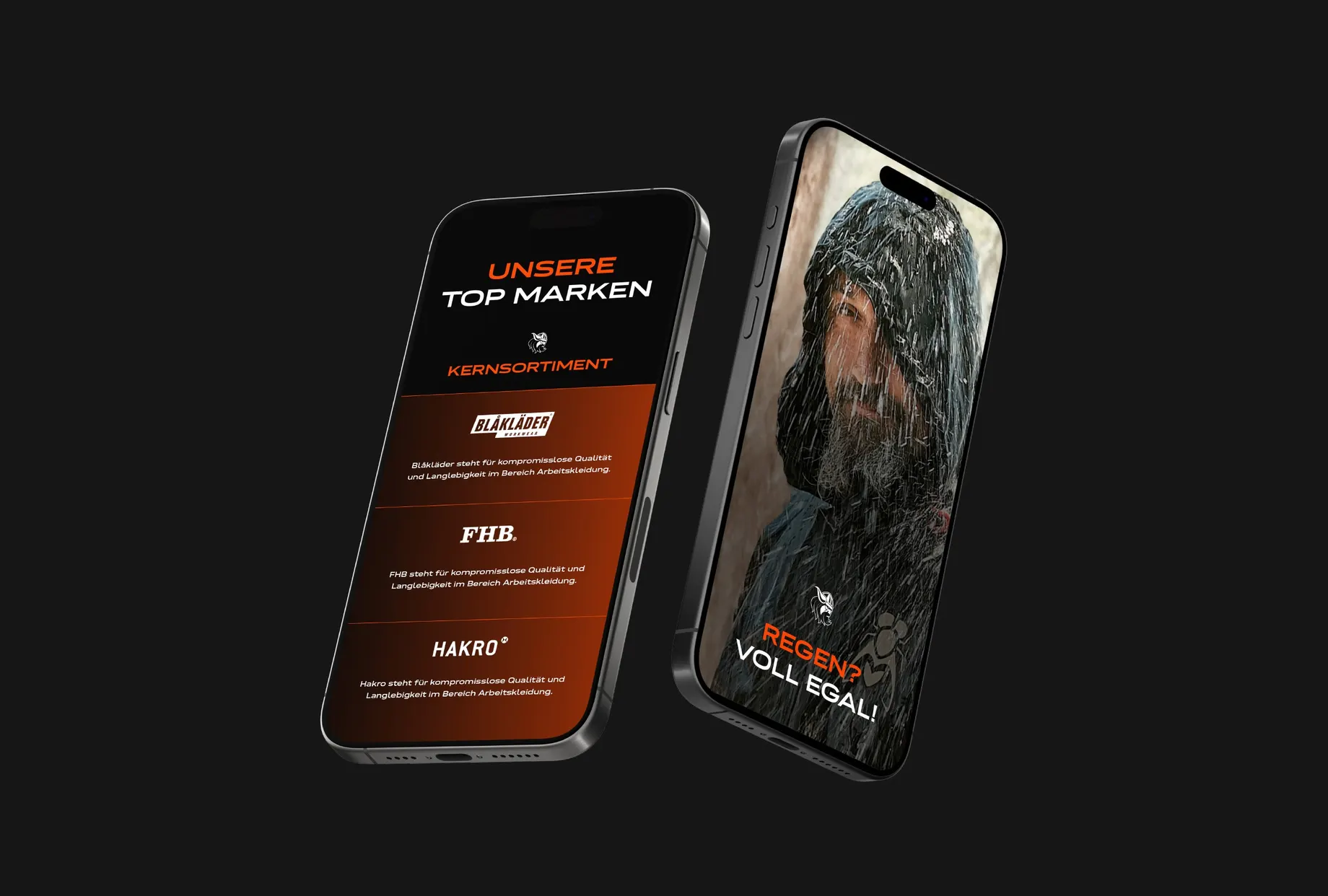 Zwei Smartphones nebeneinander: links die Markenübersicht „Unsere Top Marken“, rechts ein Kampagnenmotiv mit dem Claim „Voll egal!“.